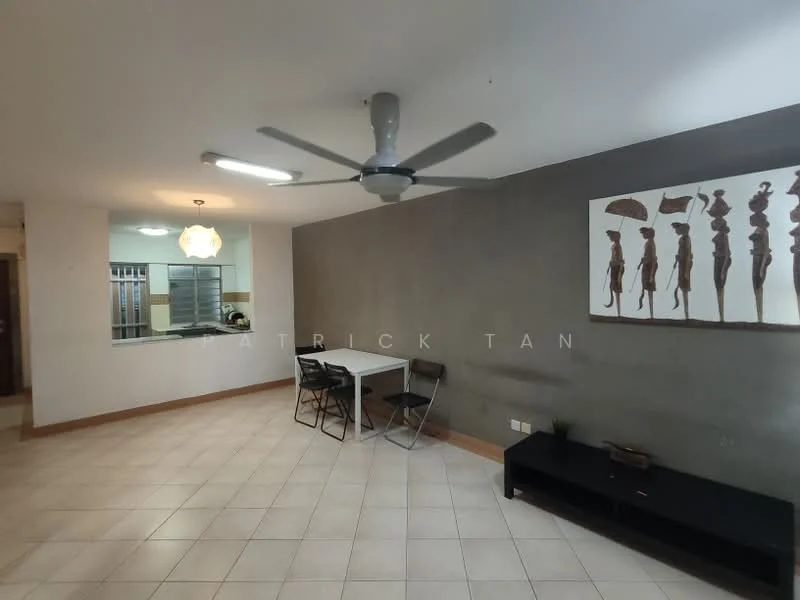 Living features: cream painted walls, grey accent wall, tile flooring, 5-blade ceiling fan with light, dining table with 4 chairs, black TV console, framed artwork on wall, recessed lighting; style: modern.