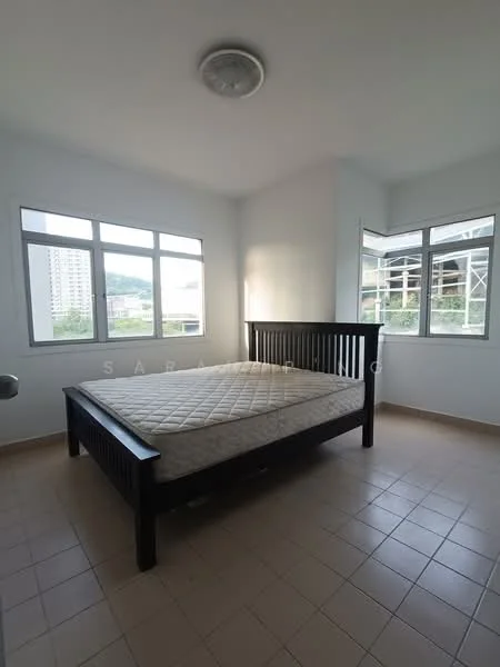 Bedroom features: queen-size bed frame, mattress, white painted walls, tile flooring, floor-to-ceiling windows, natural light, mountain view, ceiling light fixture; view: mountain.