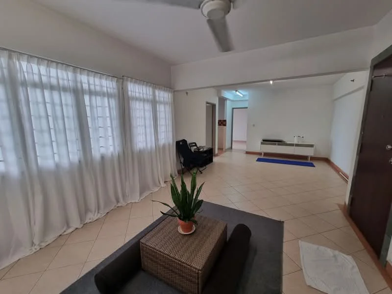 Living features: white walls, tiled flooring, 5-blade ceiling fan, large windows with sheer curtains, area rug, potted plant, coffee table, black lounge chair; style: minimalist.