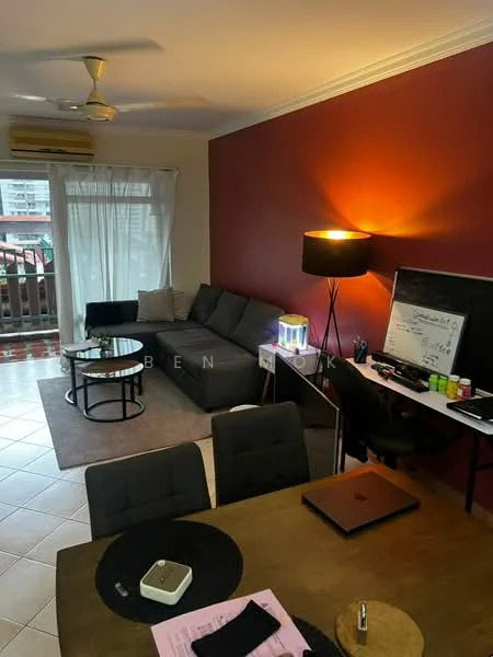 Living features: grey fabric L-shape sectional sofa, round glass coffee table, black floor lamp, whiteboard on black table, wooden dining table, 4 black upholstered dining chairs, cream painted walls, red accent wall, wall-mounted air conditioning unit, sliding glass door with sheer curtains, tile flooring, decorative plants on table; style: modern; view: balcony.