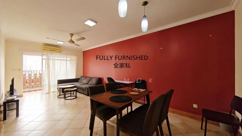 Living features: red accent wall, cream painted walls, tile flooring, 5-blade ceiling fan, 2 pendant lights, sofa set, dining table with chairs, sliding glass door, balcony access, TV console, area rug; style: modern; view: city.