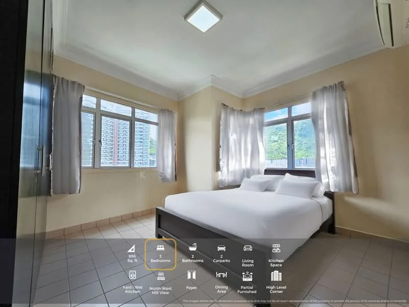 Bedroom features: queen-size bed, two white pillows, light grey bedspread, floor-to-ceiling windows, sheer curtains, cream painted walls, tile flooring, ceiling light fixture, wall-mounted air conditioning unit, built-in wardrobe; style: modern; view: hill.