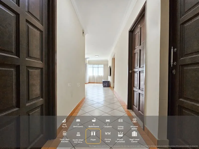 Foyer features: white painted walls, ceramic tile flooring, recessed downlights, double wooden doors, single wooden door, natural light from windows, neutral color scheme, high ceiling; style: modern.