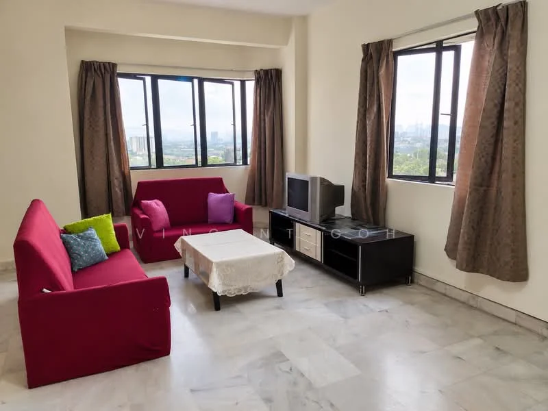 Living features: red fabric sofa, 2-seater sofa, coffee table with white tablecloth, black TV console, flat-screen TV, floor-to-ceiling windows, curtains in brown, marble flooring, city view from windows; style: modern; view: city.