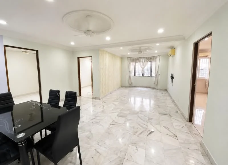 Living features: marble flooring, white painted walls, tray ceiling, recessed downlights, floor-to-ceiling windows, sheer curtains, ceiling fan, air conditioning unit, decorative wall with pattern; style: modern. Dining features: black dining table, 6 black upholstered chairs; style: modern.