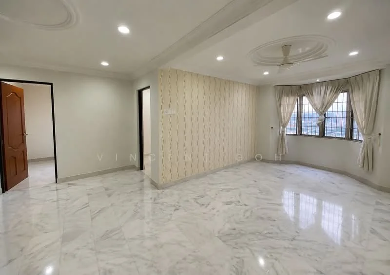 Room features: marble tile flooring, white painted walls, crown moulding, recessed downlights, tray ceiling, floor-to-ceiling windows, curtains, two doors leading to other rooms; style: modern; view: city.