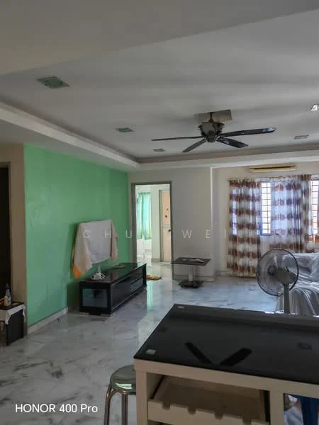 Living features: marble flooring, green accent wall, white painted walls, 5-blade ceiling fan, recessed downlights, large windows with curtains, TV console, sofa, coffee table, decorative wall clock; style: modern.