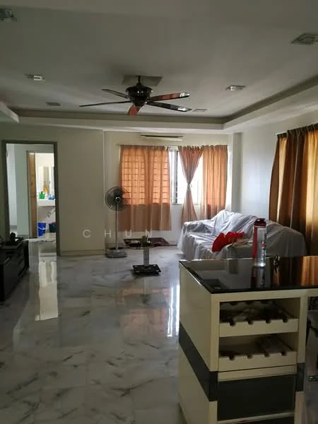 Living features: marble flooring, 5-blade ceiling fan with light, floor-to-ceiling windows, sheer curtains, orange curtains, white sofa, coffee table, TV console, wall-mounted TV, decorative wall, open layout to kitchen, standing fan; style: modern. Room features: white painted walls, recessed downlights.