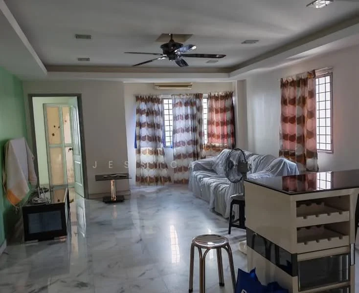 Living features: marble flooring, white painted walls, ceiling fan with light, sofa covered with white fabric, coffee table, TV console, floor-to-ceiling windows, curtains with polka dot pattern, air conditioning unit, decorative wall with green paint, stool, wall-mounted TV; style: modern.