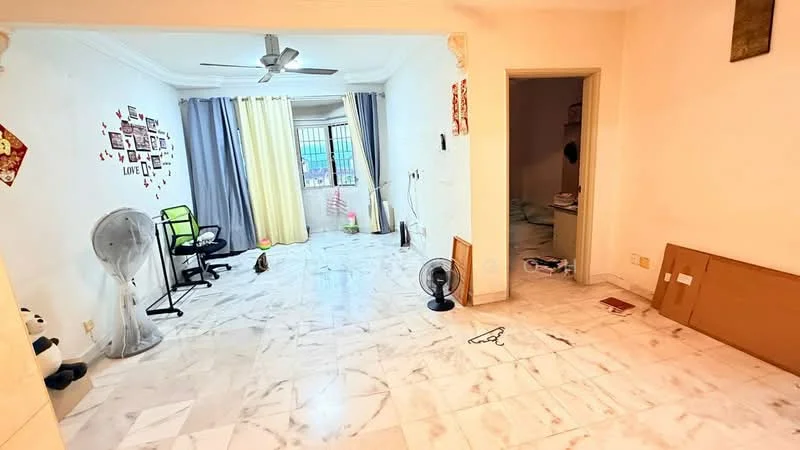 Living features: marble tile flooring, white painted walls, ceiling fan, floor-to-ceiling windows, curtains in yellow and blue, decorative wall with photo frames, wall-mounted electrical outlets, two standing fans, open layout, light-colored ceiling, doorway leading to another room; style: modern. Room features: white painted walls, marble tile flooring, light-colored ceiling.