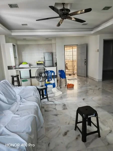 Living features: marble flooring, white walls, 5-blade ceiling fan with light, sofa covered with white fabric, stool, plastic chairs, fan, open layout to kitchen, natural light from windows, doorway leading to other rooms; style: modern. Kitchen features: white cabinetry, stainless-steel fridge, countertop, open layout to living area; style: modern.