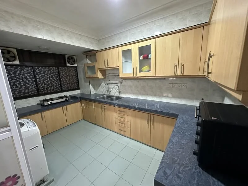 Kitchen features: light wood cabinetry, blue laminate countertop, white tiled backsplash, double-bowl stainless-steel sink, chrome pull-down faucet, built-in gas stove, exhaust hood, window with patterned curtains, ceramic tile flooring, white appliances, open shelving, under-cabinet lighting; style: modern.