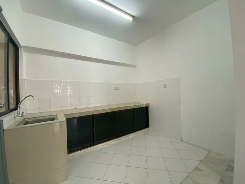 Kitchen features: single-bowl stainless-steel sink, chrome faucet, laminate countertop, white tiled backsplash, black cabinetry, white tiled flooring, fluorescent ceiling light, window with black frame; style: modern.