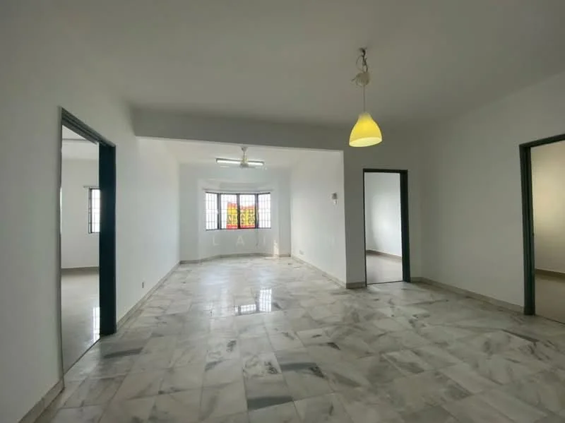 Room features: white painted walls, marble tile flooring, ceiling light fixture, multiple doorways, large windows, neutral color scheme, open layout, no visible furniture; style: minimalist.