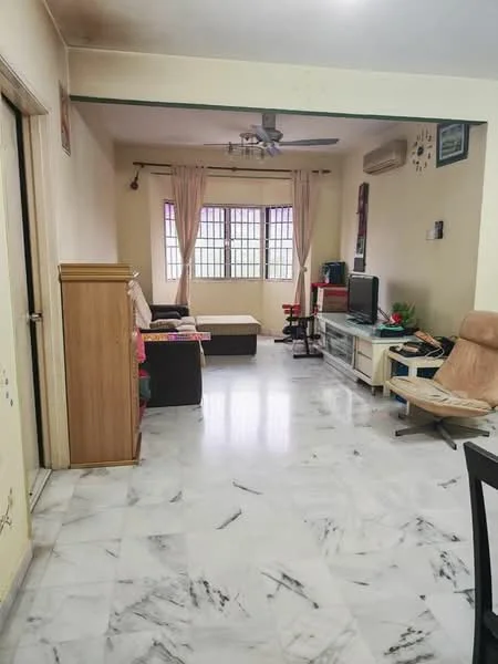 Living features: marble tile flooring, cream painted walls, 5-blade ceiling fan with light, floor-to-ceiling windows, light curtains, sofa set in dark fabric, coffee table, TV console, wall-mounted TV, decorative plants, wooden cabinet, armchair, dining table with chairs; style: modern.