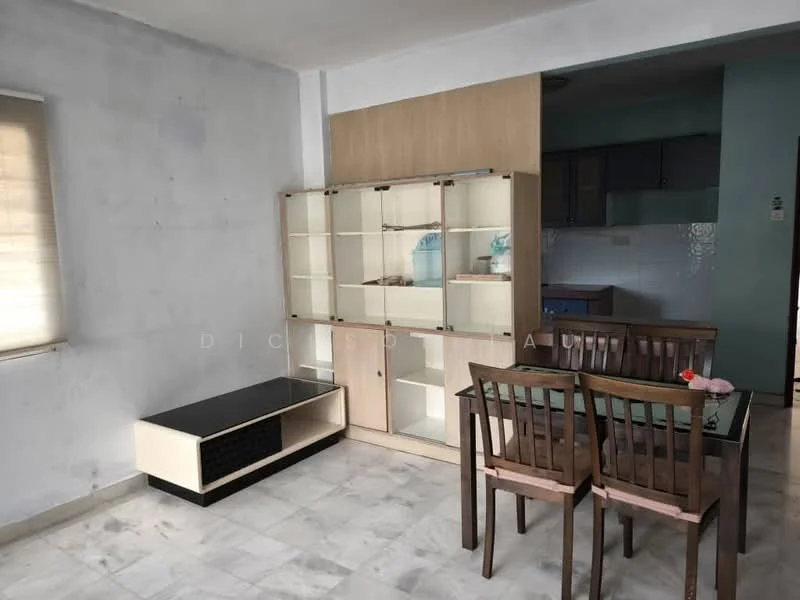 Living features: white painted walls, marble tile flooring, glass display cabinet, wooden dining table with four chairs, black TV console, window with roller blinds, open layout to kitchen, light blue wall in kitchen area; style: modern.