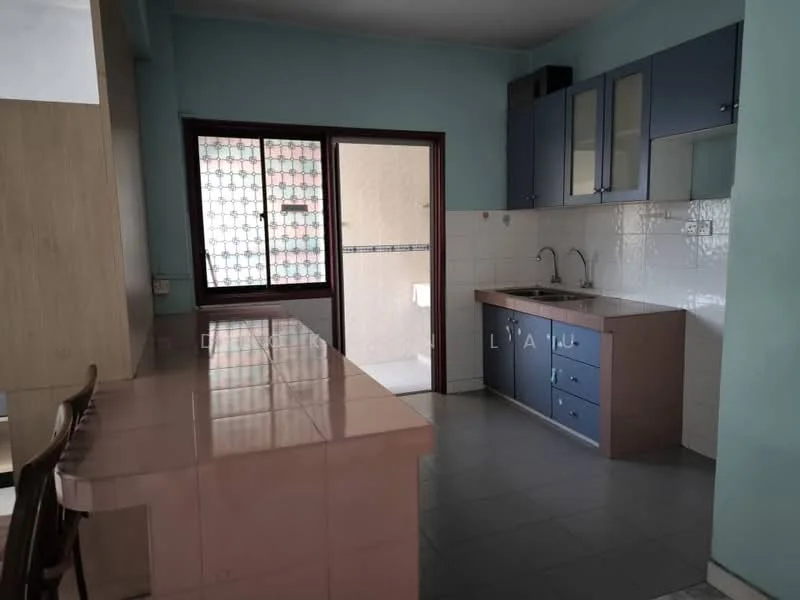 Kitchen features: blue cabinetry, pink countertop, double-bowl stainless-steel sink, chrome pull-down faucet, white tiled backsplash, white wall tiles, grey floor tiles, window with security grille, open layout with dining area, built-in kitchen cabinets, electric stove, space for refrigerator; style: modern.