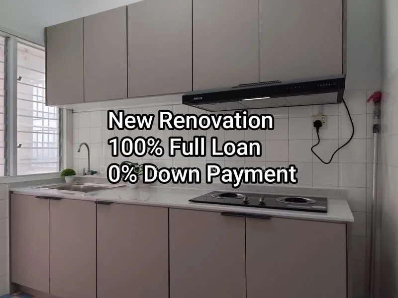 Kitchen features: laminate cabinetry in light grey, white tiled backsplash, marble countertop, stainless-steel sink, chrome pull-down faucet, built-in gas hob, built-in range hood, wall-mounted storage, window for natural light, tile flooring; style: modern.