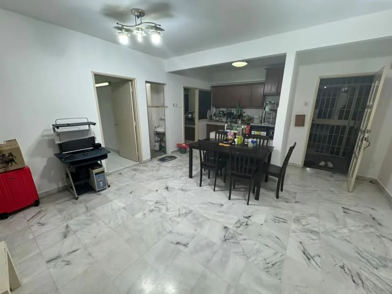 Dining features: marble flooring, white painted walls, ceiling light fixture, dining table with chairs, open layout to kitchen, doorway to hallway, doorway to utility area, kitchen cabinetry visible; style: modern. Kitchen features: kitchen cabinetry, countertop, sink visible, appliances visible; style: modern. Room features: doorway to exterior, utility area visible.