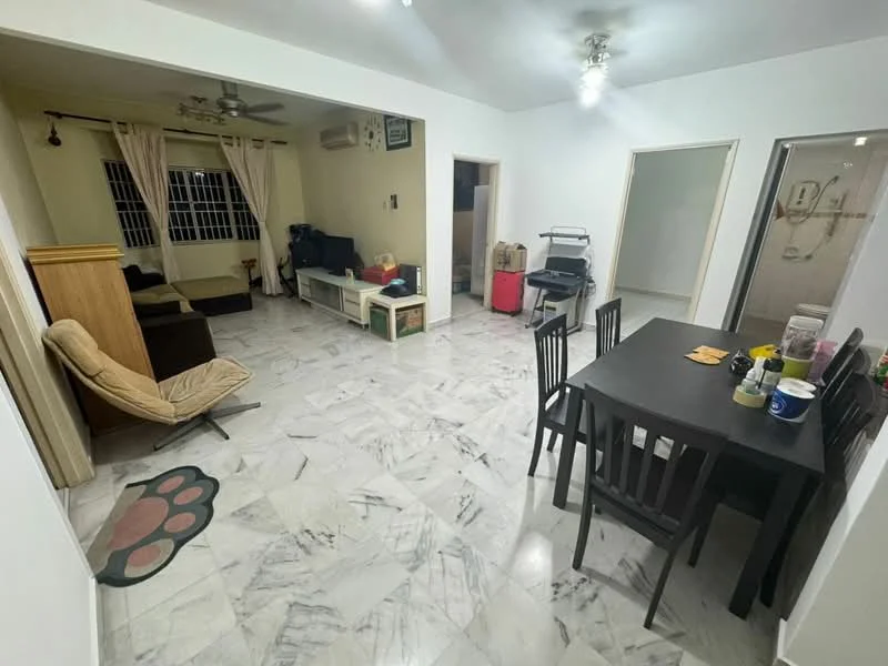 Living features: marble flooring, white painted walls, 5-blade ceiling fan with light, large windows with grid pattern, sofa in dark fabric, coffee table, TV console, area rug with paw print design, decorative plants, wall-mounted air conditioning unit; style: modern. Dining features: black dining table with 6 chairs, white painted walls, marble flooring, decorative vase on table, light fixture above table; style: modern. Room features: doorway leading to bathroom, doorway leading to another room, storage boxes visible.