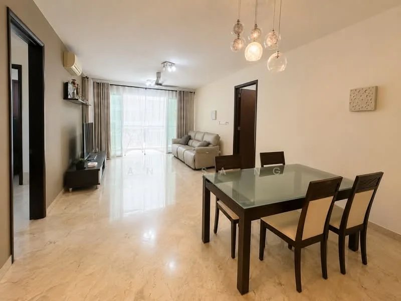 Living features: marble tile flooring, cream painted walls, 5-blade ceiling fan with light, sofa in light grey fabric, glass dining table, 4 upholstered dining chairs, wall-mounted TV console, large windows with sheer curtains, decorative wall art, air conditioning unit; style: modern.