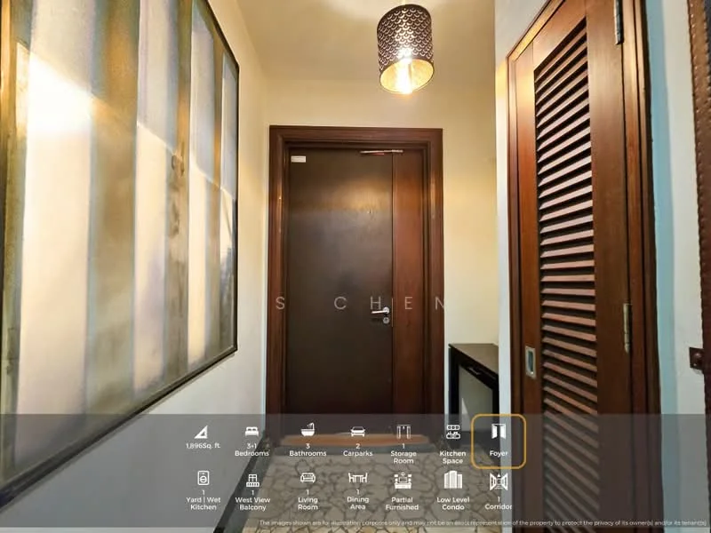 Hallway features: wooden door with metal handle, light fixture with pendant design, cream painted walls, wooden paneling, sliding louvered door, flooring with tiles, decorative wall art, built-in storage cabinet; style: modern.