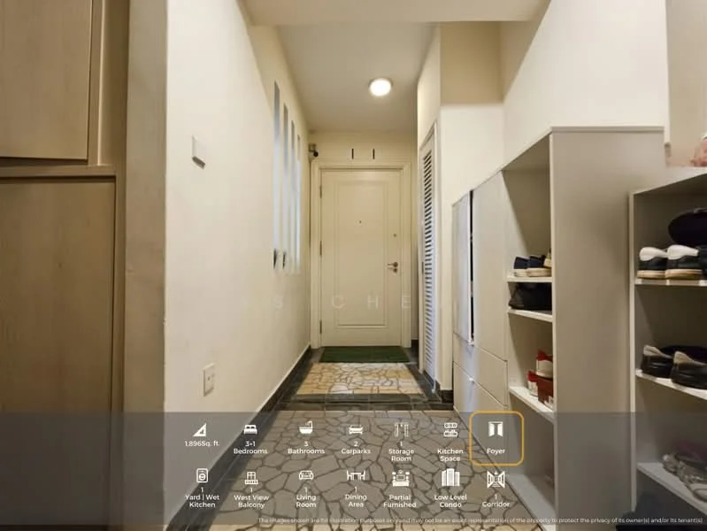 Room features: white painted walls, tile flooring, ceiling light fixture, wooden cabinetry, shoe storage unit, door with peephole, green carpet mat, multiple windows, decorative wall paneling; style: modern.