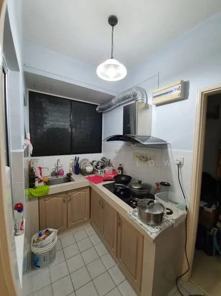 Kitchen features: single-bowl stainless-steel sink, chrome pull-down faucet, granite countertop, white shaker cabinets, built-in oven, freestanding range oven, exhaust hood, ceramic tile flooring, recessed downlights, window with black mesh screen, wall-mounted split AC, various cooking pots and utensils; style: modern.