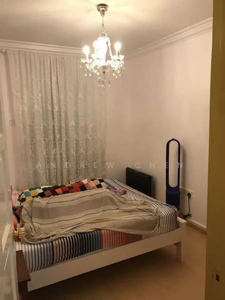 Bedroom features: queen-size bed with striped bedding, chandelier light fixture, white painted walls, cream curtains with floral pattern, wooden flooring, air purifier, decorative throw blanket, bedside table, wall-mounted heating unit; style: modern.