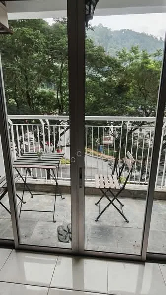 Room features: sliding glass door, balcony with railing, stone flooring, outdoor dining table, two folding chairs, view of greenery, paved balcony surface; style: modern; view: garden.