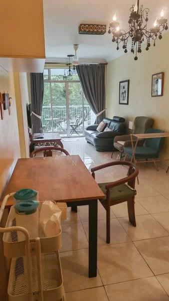 Living features: 3-seater leather sofa, wooden coffee table, TV console, wall-mounted TV, chandelier with crystals, floor-to-ceiling windows, curtains, cream painted walls, tile flooring, decorative wall art, greenery view from window, area rug; style: modern; view: garden.