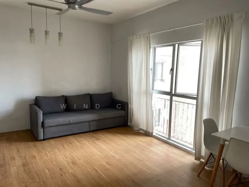 Living features: grey fabric sofa, wooden flooring, 5-blade ceiling fan, floor-to-ceiling window, sheer curtains, white walls, light-colored desk, white chair; style: modern.