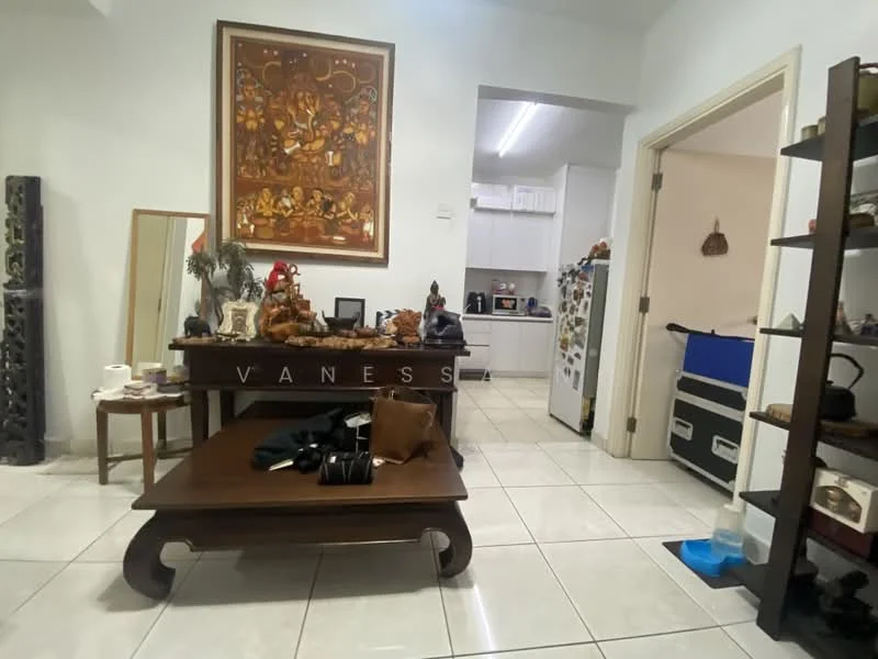 Living features: white painted walls, glossy tile flooring, wooden coffee table, decorative artwork on wall, floor-to-ceiling mirror, open kitchen view, refrigerator, kitchen cabinets, decorative sculptures, shelves with decorative items, various personal items on table; style: contemporary.