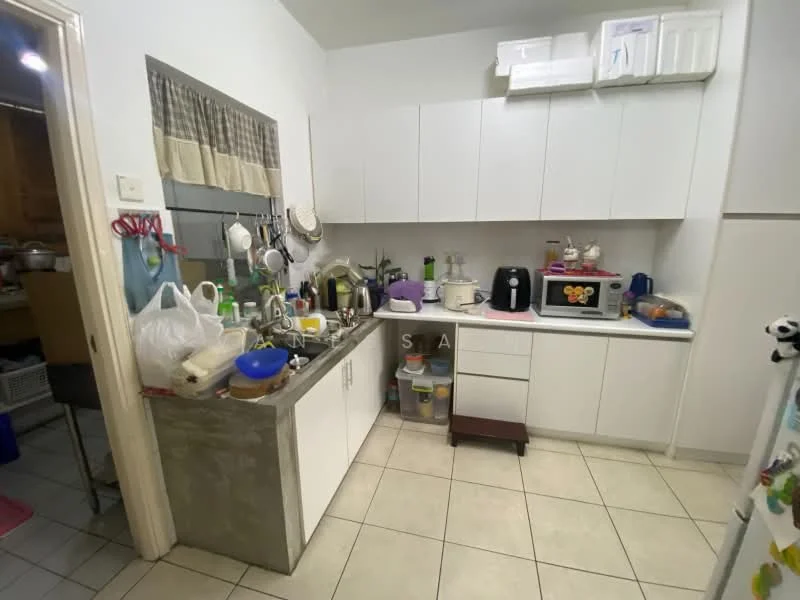 Kitchen features: white cabinetry, grey countertop, stainless-steel sink, chrome pull-down faucet, built-in microwave, freestanding range oven, toaster, blender, kettle, multiple kitchen appliances, tile flooring, wall-mounted storage, window with curtain; style: modern.