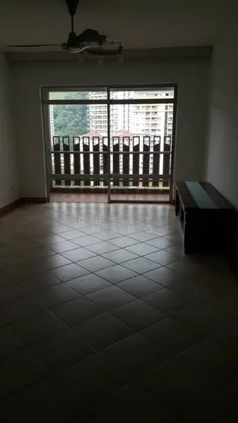 Living features: tiled flooring, white painted walls, sliding glass door, balcony with railing, ceiling fan, wooden bench, natural light from large window, view of surrounding buildings; view: city.