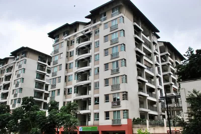 Exterior type: mid-rise condominium; features: cream painted facade, recessed balconies, multiple storeys, large windows, landscaped greenery in front, surrounded by trees, visible signage at entrance; style: modern.