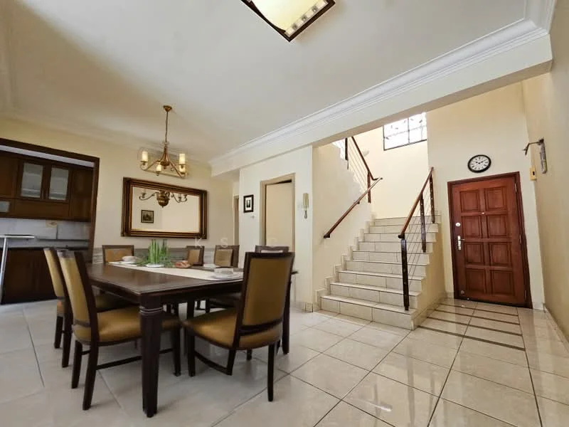 Dining features: 6-seater dining table, upholstered dining chairs, chandelier, cream painted walls, tile flooring, decorative mirror, wall clock, staircase leading to upper floor, door leading to entrance, window for natural light; style: modern. Room features: cream painted walls, tile flooring, staircase leading to upper floor, door leading to entrance, window for natural light.
