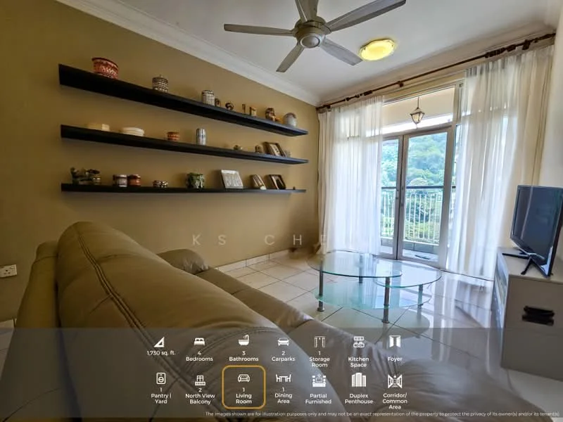 Living features: 3-seater beige leather sofa, glass coffee table, wall-mounted shelves with decorative items, floor-to-ceiling windows with sheer curtains, ceiling fan with light, tile flooring, neutral painted walls, TV console, wall-mounted TV; style: modern; view: garden.