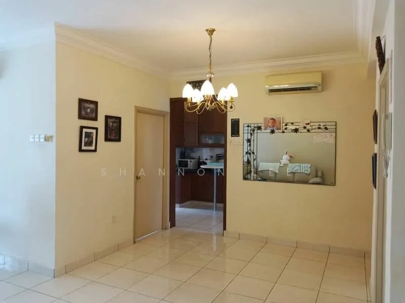 Living features: cream painted walls, white ceiling with crown moulding, chandelier with four lights, wall-mounted air conditioning unit, glossy beige floor tiles, framed artwork on walls, mirror on wall, doorway leading to kitchen; style: contemporary.