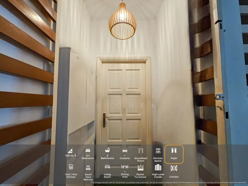 Foyer features: white painted walls, wooden flooring, pendant light fixture, wooden slat feature wall, door with panel design, high ceiling, staircase leading to upper level, corridor leading to other rooms; style: modern.