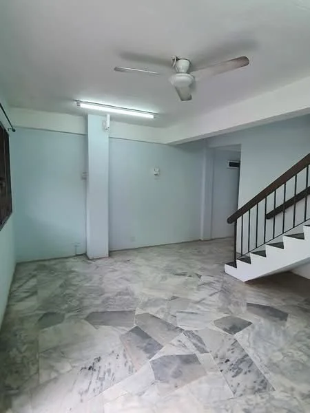 Living features: marble flooring, white painted walls, 5-blade ceiling fan, large window, staircase, recessed lighting.
