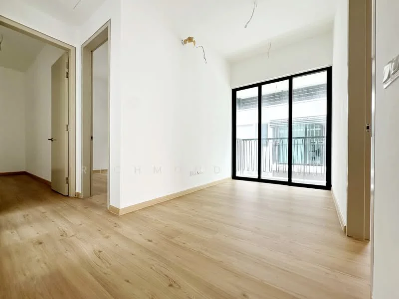 Room features: light wood laminate flooring, white painted walls, floor-to-ceiling windows, balcony access, no visible ceiling fixtures, doorway to adjacent room, doorway to hallway; style: modern.