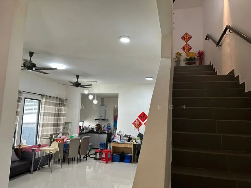 Living features: white painted walls, ceramic tile flooring, 5-blade ceiling fan with light, sofa in grey fabric, dining table with chairs, pendant lighting, curtains, decorative wall art; style: modern. Staircase features: staircase with tiled steps, handrail, white walls; style: modern.