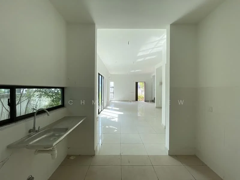 Room features: white painted walls, glossy white floor tiles, large windows, natural light, open layout, single-bowl stainless-steel sink, no visible appliances, minimalist design; style: modern; view: garden.