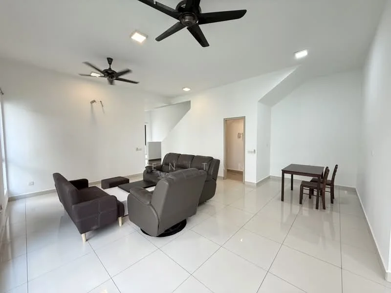 Living features: 2-seater leather sofa, 3-seater fabric sofa in grey, coffee table, dining table for 4, 4 dining chairs, ceiling fan with light, recessed downlights, white painted walls, glossy tile flooring, large windows with natural light; style: modern.