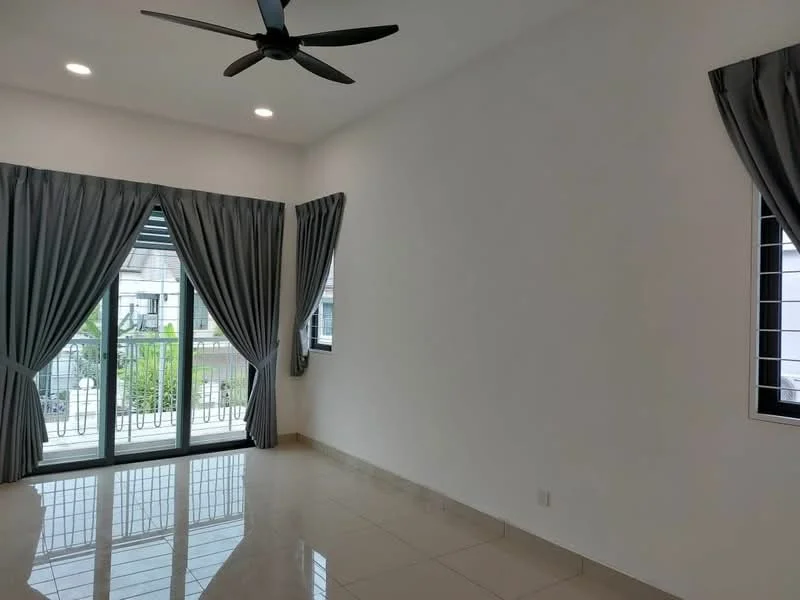 Room features: white painted walls, glossy tile flooring, 5-blade ceiling fan, floor-to-ceiling windows, sliding glass door, grey curtains, balcony view, natural light; style: modern; view: garden.