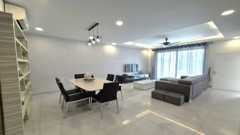 Living features: grey fabric sectional sofa, white coffee table, TV console, wall-mounted TV, 5-blade ceiling fan with light, recessed downlights, large floor-to-ceiling windows, sheer curtains, marble tile flooring, decorative wall paneling, area rug, dining table with 6 black upholstered chairs; style: modern; view: city.