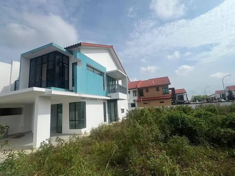 Exterior type: detached bungalow; features: white painted facade, blue accent wall, flat roof, two-storey structure, large windows, balcony with railing, surrounded by overgrown grass, red tiled roof, manicured lawn area, neighboring houses visible; style: modern.