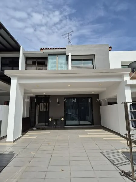 Exterior type: linked terrace house; features: grey painted facade, flat roof, two-storey structure, paved walkway, outdoor seating area, large sliding glass door, multiple windows, satellite dish on roof, manicured landscaping, white boundary wall; style: modern.