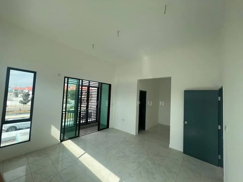 Room features: white painted walls, tile flooring, large windows, green sliding doors, high ceiling, natural light, open layout, view of outdoor space; style: modern; view: garden.